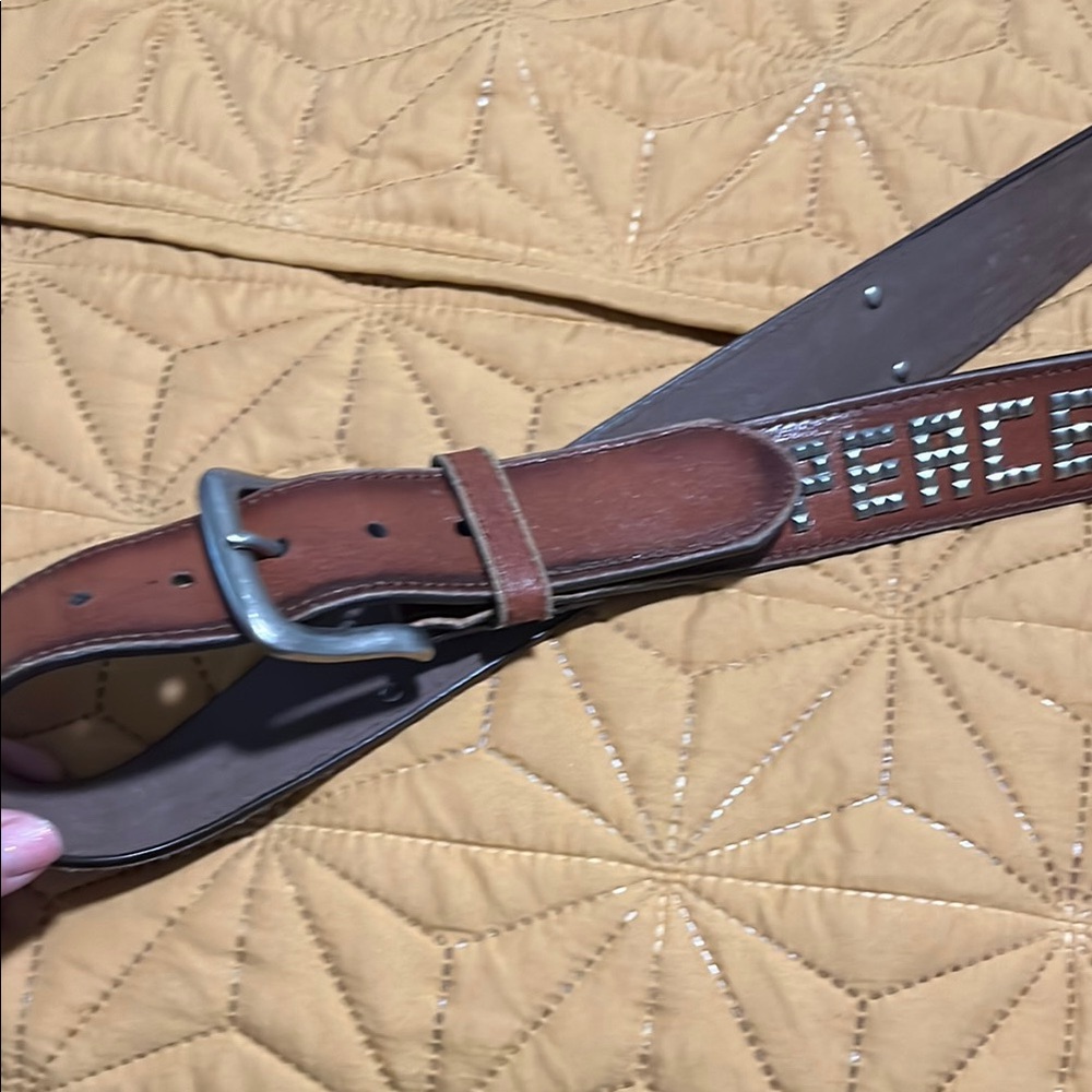 Vera Pelle Brown Leather Belt with PEACE and Peace sign metal detail